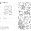The Very Cozy Coloring Book by Schiffer Publishing, Ltd. features black-and-white worksheets with books, mugs, hearts, stars, and drinks. The left page includes swatch boxes, Coloring Materials and Colored By sections, plus a cozy desk scene to color.