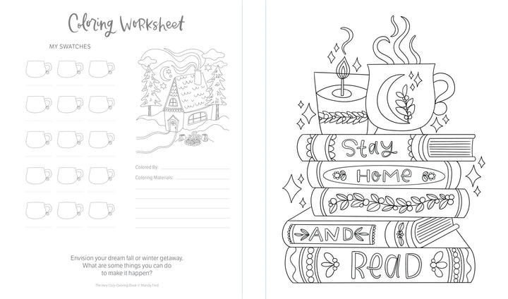 The Very Cozy Coloring Book by Schiffer Publishing, Ltd. features relaxing worksheets with book and mug color swatches, a cozy cabin scene, and a "Stay Home & Read" page—ideal for fans of comforting coloring experiences.
