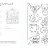 The Very Cozy Coloring Book by Schiffer Publishing, Ltd. features a cozy worksheet with illustrated mugs, book stack labeled "Books, Coffee, Mind, Stayin’ Cozy," heart accents, and space to record coloring materials and swatches.