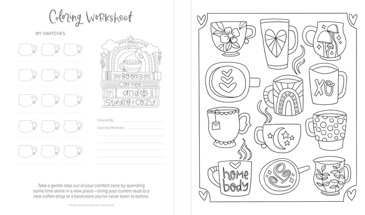 The Very Cozy Coloring Book by Schiffer Publishing, Ltd. features a cozy worksheet with illustrated mugs, book stack labeled "Books, Coffee, Mind, Stayin’ Cozy," heart accents, and space to record coloring materials and swatches.