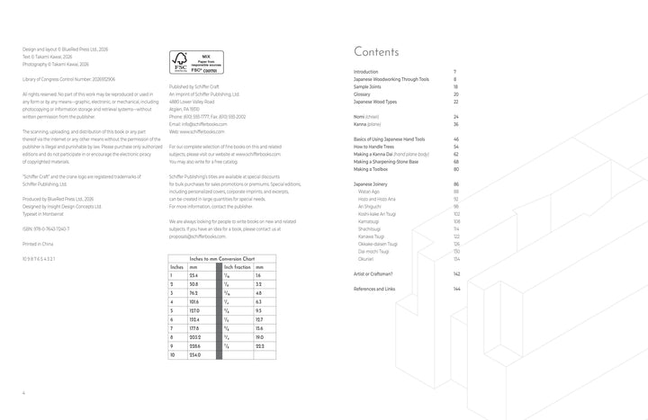 An open copy of Traditional Japanese Woodworking by Schiffer Publishing, Ltd. displays publishing details with an Inches to mm Conversion Chart on the left and the table of contents on the right, highlighted by minimalistic line art inspired by Japanese joinery.