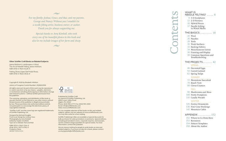 On the left, "Needle Felting Through the Seasons" by Schiffer Publishing, Ltd. features copyright and publishing info; on the right, a contents page lists needle felting projects and step-by-step instructions.