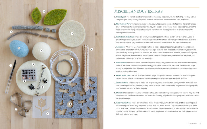 A flat lay of Schiffer Publishing, Ltd.'s "Needle Felting Through the Seasons" book and essential tools—felted wool balls, felting needles, safety eyes, yarn and circular needles, wool blocks, stitch markers, and templates—on a wood surface.
