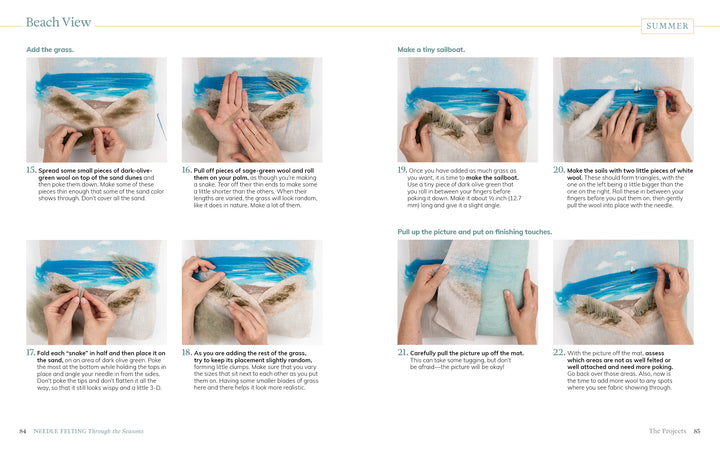 Six panels from "Needle Felting Through the Seasons" by Schiffer Publishing, Ltd. show step-by-step needle felting of a beach landscape—adding green wool for grass, making a tiny sailboat, and framing the art amid blue sky, sea, and sandy shore.