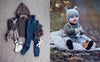 A flat lay of "Baby Knits from Norway" patterns by Schiffer Publishing, Ltd. on the left; on the right, a baby in Nordic-inspired knitwear with a bear-ear hat sits outdoors. Text reads: Darling Layette Set.
