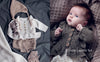 On the left, Baby Knits from Norway by Schiffer Publishing, Ltd. displays Nordic-inspired knitwear—a bonnet, cardigan, romper, booties, and a toy mouse. On the right, a baby in a textured knit cardigan rests on a blanket.