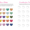 Here’s a rewritten version using your product data: On the left page of Schiffer Publishing, Ltd.’s “A Day in Cozy Town Coloring Book,” there are five rows of colored heart icons labeled as color palettes—Bakery Blush, Sunshine Flower Shop, Stand, Sweet Cities, and Stars Over Main Street—all inspired by Emily Cromwell’s cozy town coloring book style. The right page features 25 blank mug outlines designed for detailed coloring patterns and color swatching.
