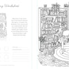 A black and white cozy reading nook scene inspired by Emily Cromwell’s illustrated style, featuring an armchair, pillows, a cat, a tall bookshelf filled with books, a large window, and an indoor plant—designed as a coloring worksheet from *A Day in Cozy Town Coloring Book* by Schiffer Publishing, Ltd.