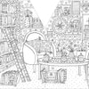 Settle into a charming black-and-white scene from A Day in Cozy Town: The Bookshop Coloring and Sticker Book by Schiffer Publishing, Ltd., featuring armchairs, bookshelves with a ladder, a coffee table, stacks of books, lush plants, and stylish wall art—all adorned with floral, heart, and geometric patterns in delightful coloring book style. Ideal for anyone who dreams of coloring their own cozy bookshop or embarking on a whimsical bookstore adventure!.