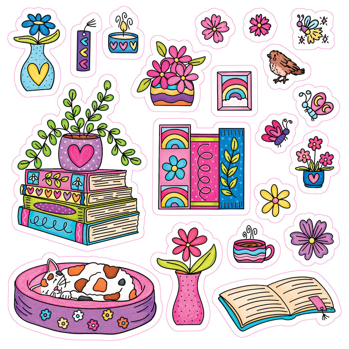Add a touch of “A Day in Cozy Town: The Bookshop Coloring and Sticker Book” charm from Schiffer Publishing, Ltd. to your next bookstore adventure with these colorful stickers featuring flowers, stacked books and open pages, a cheerful bird, butterflies, a steaming cup, charming vases, a potted plant, and even a calico cat napping in a pink bed—each playfully outlined in white with whimsical detail.