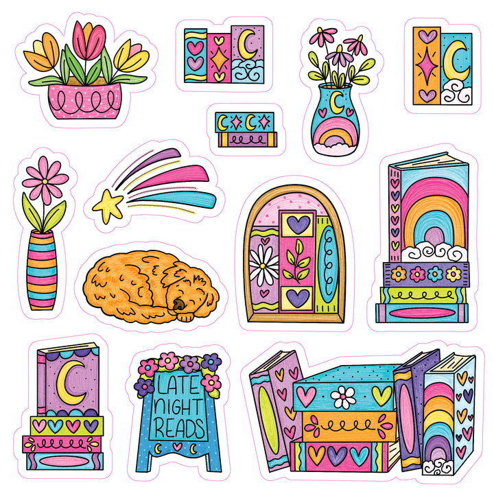 Discover “A Day in Cozy Town: The Bookshop Coloring and Sticker Book” by Schiffer Publishing, Ltd., featuring a delightful collection of whimsical stickers—flowers, books, a sleeping dog, a window, shooting stars, and the charming Late Night Reads sign—all illustrated in vibrant pinks, blues, yellows, and purples—perfect for adding bookstore-inspired adventure to your day.
