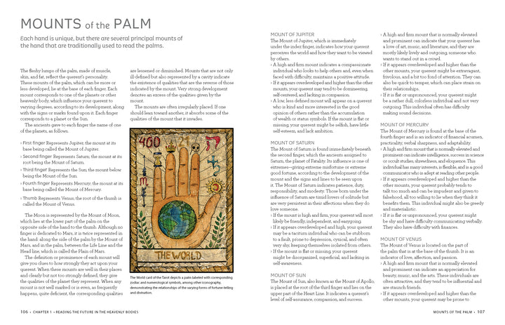 A textbook page from Fortune Telling for a Modern Age featuring a diagram of a hand with labeled mounts and an inset illustration of The World tarot card for divination.