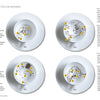 A two-page spread from Fortune Telling for a Modern Age featuring four overhead views of tea cups with dregs, each labeled with numbered symbols and interpretations for tea leaf divination.
