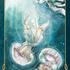 Three jellyfish swim in deep blue water at the bottom of an Oracle of the Mythical Ocean oracle card, which features a gold border and the label 9.