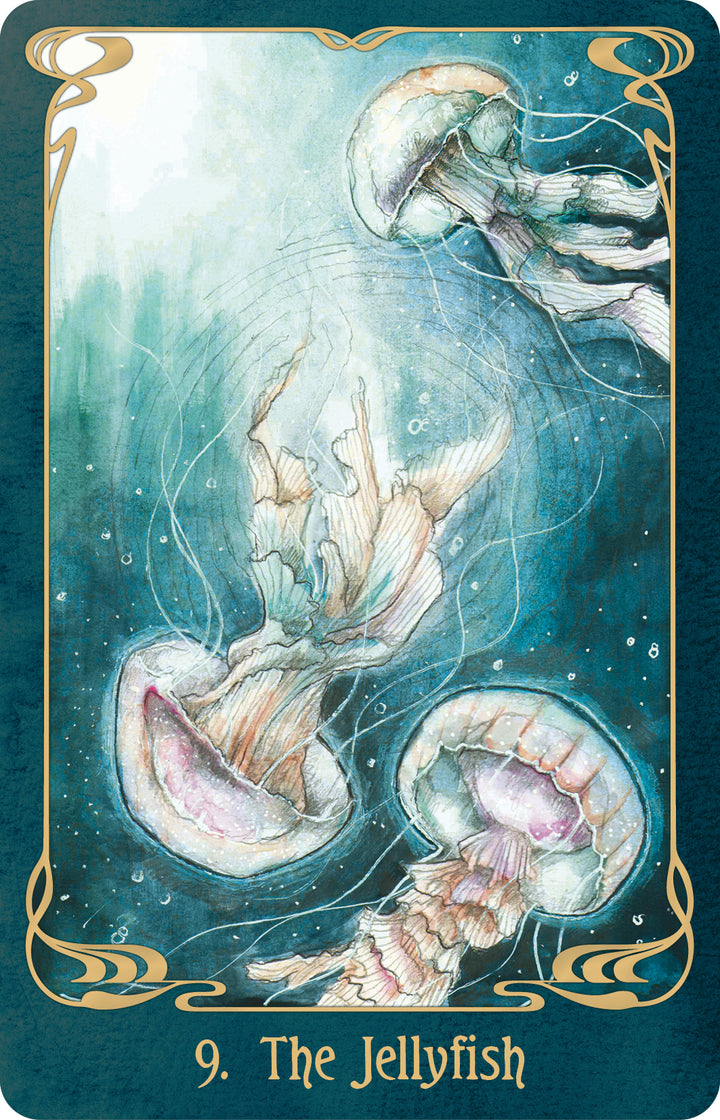 Three jellyfish swim in deep blue water at the bottom of an Oracle of the Mythical Ocean oracle card, which features a gold border and the label 9.