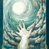 A hand reaches toward a bright light in a swirling vortex of fish on this Oracle of the Mythical Ocean card, featuring the text 33. The Maelstrom at the bottom.