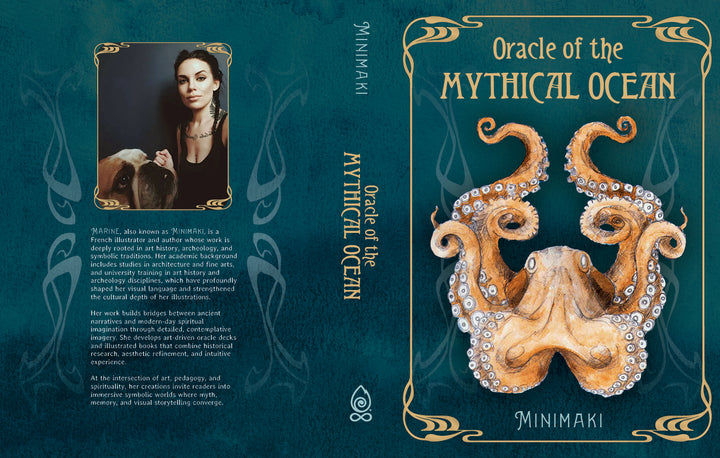 The Oracle of the Mythical Ocean deck box features a large octopus illustration on a teal background with gold-trimmed borders, including a portrait of the author and a brief biography on the back cover.