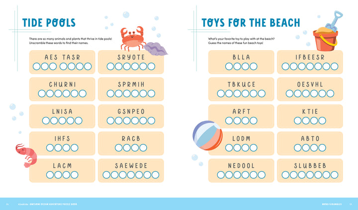 Discover a vibrant puzzle page from the KindKids Awesome Ocean Adventure Puzzle Book by Schiffer Publishing, Ltd.—featuring two columns of scrambled words about tide pools and beach toys, and adorned with playful illustrations of a crab, bucket, shovel, shell, and beach ball. This engaging ocean-themed activity is perfect for summer fun or anyone seeking exciting beach puzzles for kids!.