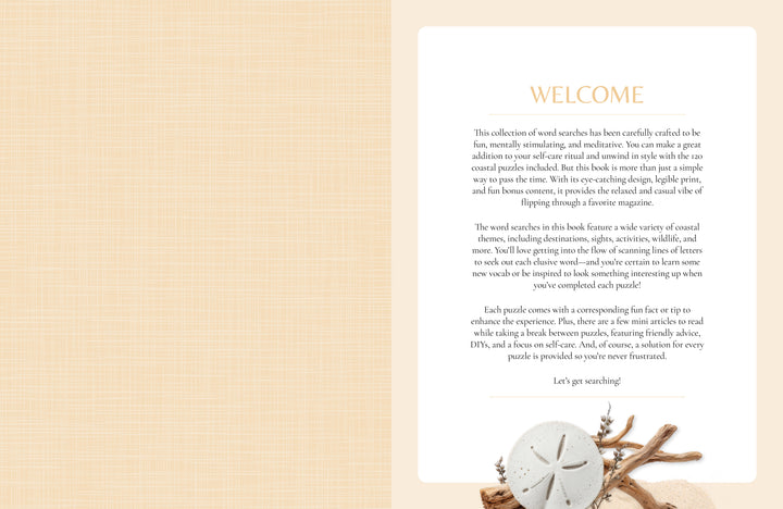 A welcoming beige page from the MindfulMoments Word Search Coastal Escape by Schiffer Publishing, Ltd. features a decorative border, introductory text highlighting relaxing coastal themes and easygoing word search puzzles, a motivating “Let’s get searching!” prompt, and a photo of sand dollars with seashells in the bottom right corner—all thoughtfully designed to inspire mindful moments as you start your puzzle adventure.