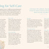 A magazine page titled MindfulMoments Word Search Coastal Escape by Schiffer Publishing, Ltd. features self-care tips, decorative seashells, starfish, and a blue-striped cloth in the bottom left corner for a beach-inspired aesthetic. Embracing coastal themes and promoting mindful moments, the page encourages relaxation through word search puzzles and thoughtful activities.