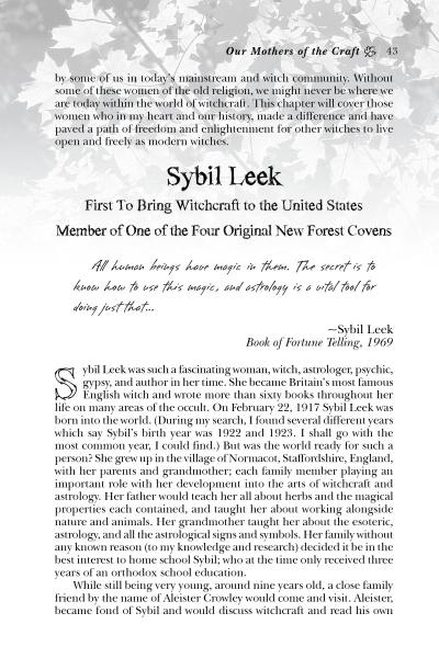 A page in "Witches and Witchcraft in the 21st Century" explores Sybil Leek's biography, a quoted statement, and her influence on witchcraft, Paganism, and the New Forest Covens.