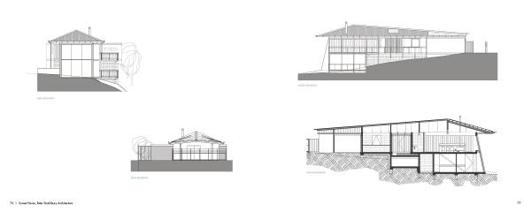 Australia Modern by Schiffer Publishing, Ltd. features black-and-white architectural drawings of a modern Australian house, with front and side elevations and cross-sections highlighting structural and site details.