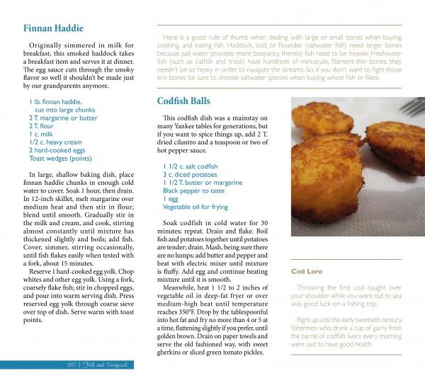 A page from "The Yankee Chef" by Schiffer Publishing, Ltd. features recipes for Finnan Haddie and Codfish Cakes with ingredients and instructions, a Cod Lore trivia box, and a photo of two golden-brown fish cakes.