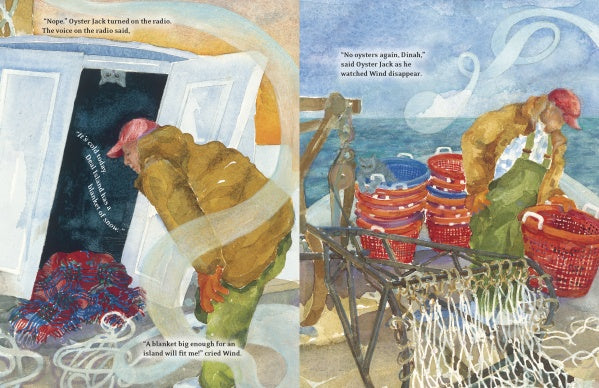 A fisherman in a brown raincoat and red cap unloads baskets and nets from his boat on Chesapeake Bay; overlaid radio text brings the charm of watercolor children’s books in "Wind and Oyster Jack" by Schiffer Publishing, Ltd.