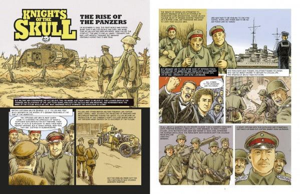 Knights of the Skull, Vol. 1 by Schiffer Publishing, Ltd. is a two-page comic highlighting German Panzer forces in World Wars I & II with tanks, warships, officer discussions, and military vehicles in an engaging graphic non-fiction format.