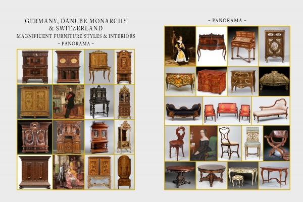 A collage titled Magnificent 19th Century Furniture by Schiffer Publishing, Ltd. features photos of ornate European antique cabinets, desks, chairs, sofas, and tables arranged in two panels.
