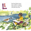 A child creates a leaf drawing for an outdoor ABC book in Schiffer Publishing’s Camp ABC, sitting by a pond with plants, a goose, and a white rabbit. Red “L” and tracing instructions appear above for labeling the leaves.
