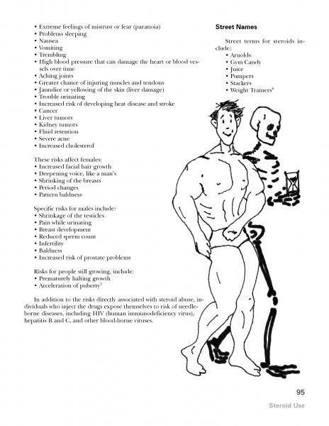 A cartoon of a muscular man stands next to a skeleton with an hourglass. The page from "Turning Eighteen and the Law" by Schiffer Publishing, Ltd. lists steroid health risks, street names, and notes teens' legal rights and responsibilities.