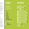 The Global Outdoor Survival Guide by Schiffer Publishing, Ltd. features a table of contents on a green background with sections such as fire, shelter, rations, and wilderness skills, plus a legend, key topics, chapter titles, and page numbers.
