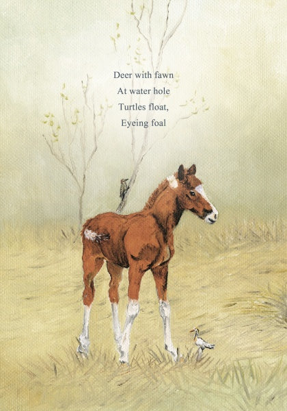 A brown Chincoteague pony foal stands in a grassy field with two birds nearby. Faint trees are in the background. Wild Colt by Schiffer Publishing, Ltd. captures this picture book scene set on Assateague Island.