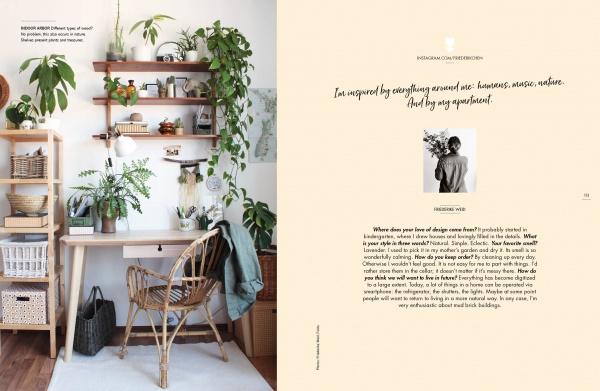 A cozy home office with a wooden desk, wicker chair, and lush plants evokes German style. On the right, “Home Story” by Schiffer Publishing, Ltd. features a beige page with a quote, black-and-white photo, and design inspiration text.
