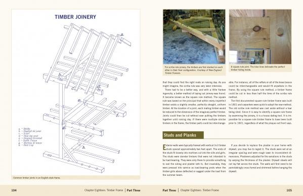 A spread from Schiffer Publishing, Ltd.'s "Antique New England Homes & Barns" shows a labeled timber joinery diagram on the left, with text and photos of timber frame construction and historic barn restoration details on the right.