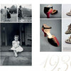 A two-page spread from The Fashion Shoe by Schiffer Publishing, Ltd. pairs 1930s black-and-white portraits and a child on the left with vintage women’s wedge heels—red, black, striped brown—in color on the right; “1930s” appears faintly in the background.