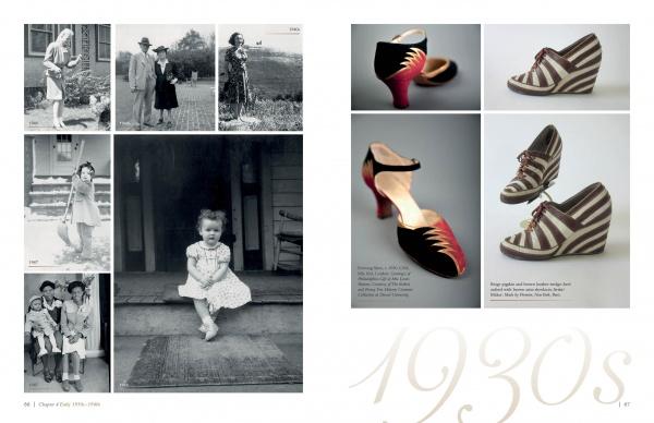A two-page spread from The Fashion Shoe by Schiffer Publishing, Ltd. pairs 1930s black-and-white portraits and a child on the left with vintage women’s wedge heels—red, black, striped brown—in color on the right; “1930s” appears faintly in the background.