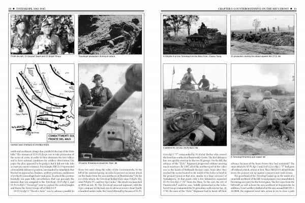 Two pages from "The 3rd Waffen-SS Panzer Division Totenkopf, 1943-1945" by Schiffer Publishing, Ltd., with black-and-white photos, tanks, maps, action shots, captions, and text on key SS battles on the Eastern Front.