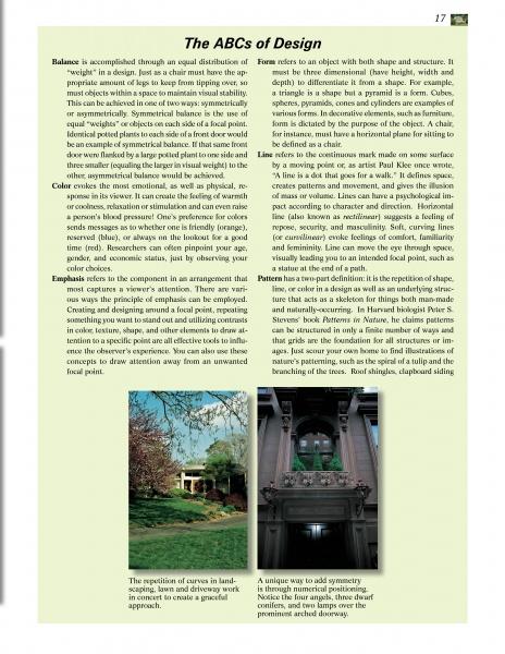 A page from Schiffer Publishing, Ltd.'s "Creating Curb Appeal" explains design principles such as balance, color, and form, illustrated with photos of a green park and an arched, columned building displaying architectural styles.