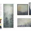 A magazine spread for Schiffer Publishing, Ltd.'s "Encaustic Art in the Twenty-First Century" features Bridgette Meinhold’s misty forest and mountain encaustics with her portrait at lower left and four blue-green landscapes on the right.