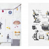 Left: Retro Cross Stitch kit by Schiffer Publishing, Ltd.—French threads, needles, scissors, buttons, vintage cross-stitch patterns. Right: Creative cross-stitched French inventors’ names with vintage camera and telephone designs.