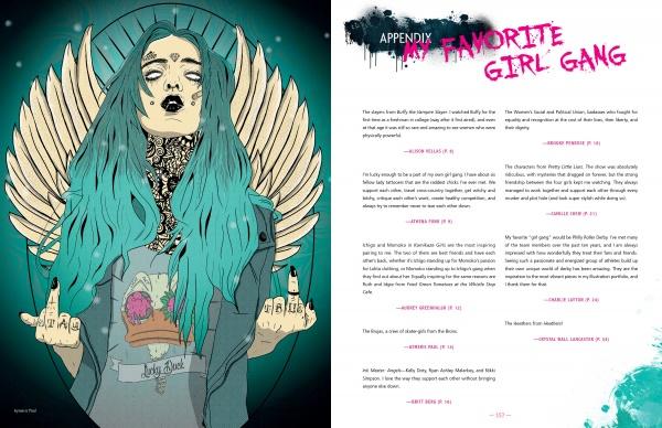 A striking digital illustration of a woman with turquoise hair, wings, and tattoos highlights "Roller Derby / Girl Gang" by Schiffer Publishing, Ltd., while an appendix celebrates creative, empowering women.