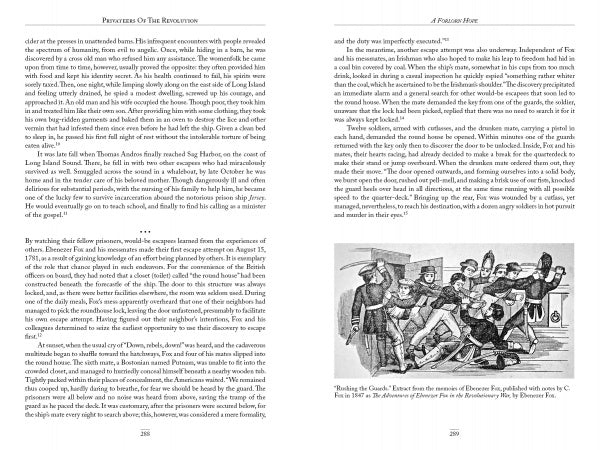 Two pages from Privateers of the Revolution by Schiffer Publishing, Ltd. show text on both sides. The right page displays a black-and-white illustration at the bottom of several men attacking another man, depicting American Revolution privateers.