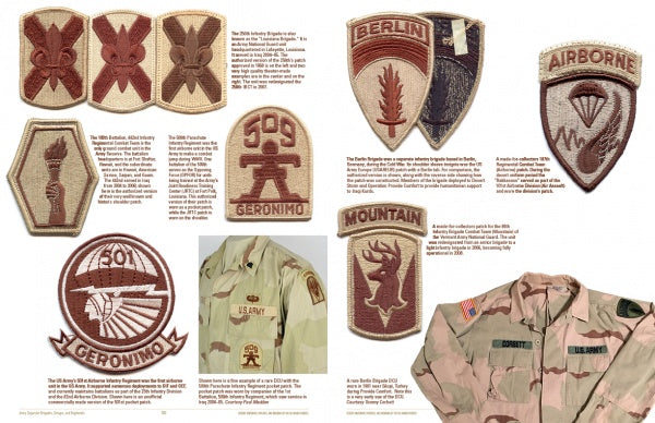 Desert Uniforms, Patches, and Insignia of the US Armed Forces by Schiffer Publishing, Ltd. features vintage military patches and insignia in diverse designs, displayed with two tan desert combat uniforms with patches and name tags. Patch details appear in small text.
