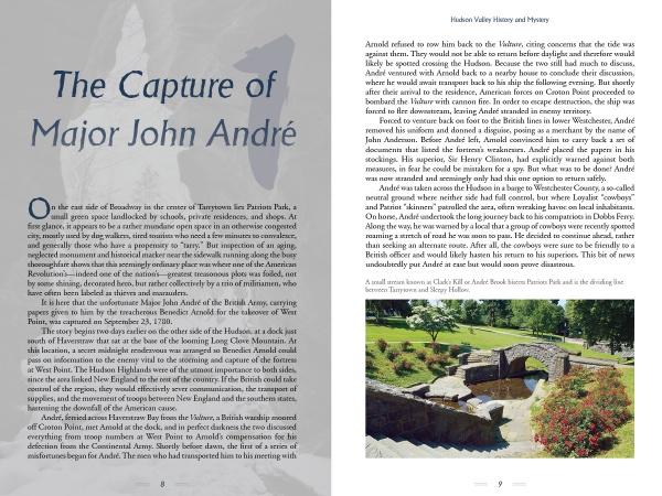 A two-page spread in Hudson Valley History and Mystery (Schiffer Publishing, Ltd.) showcases text about Major John André alongside photos of a stone bridge and manicured lawn, capturing the region’s legendary allure and mystery.