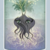 A digital illustration from The Herbal Healing Deck by Schiffer Publishing, Ltd. depicts a black cohosh root with green eyes, curly tendrils, leafy stems, glowing orbs, and "Black Cohosh - Darkness" on a misty purple background.