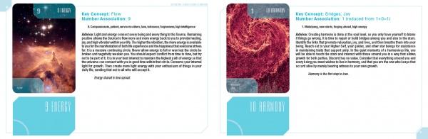 Two First Light Tarot informational cards from Schiffer Publishing, Ltd. display cosmic images, concept titles, descriptions, and a blue section with an energy number and keywords—ideal for any Tarot guidebook or 66-card Tarot set.