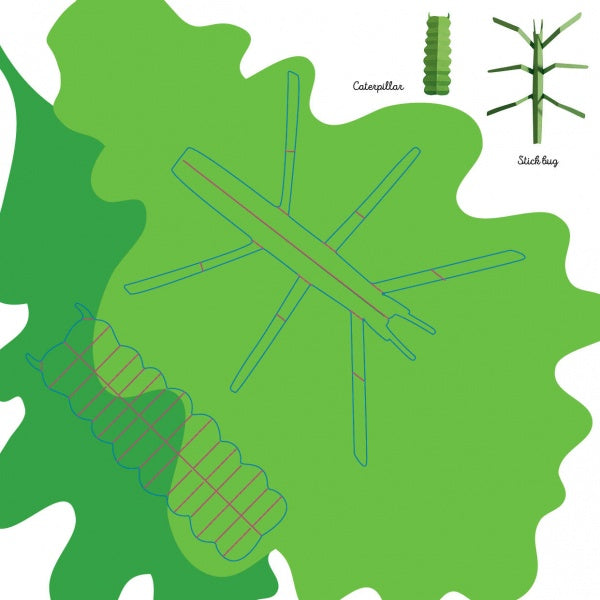 Illustration of a green caterpillar and stick bug on overlapping leaves with labeled diagrams, from "Insects" by Schiffer Publishing, Ltd.—great inspiration for beginner origami fans starting new insect-themed projects.