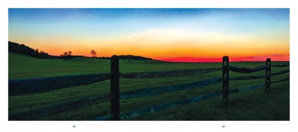 Experience Chester County’s quiet countryside with "Barns, Farms, and Rolling Hills of Chester County" by Schiffer Publishing, Ltd.—a photographic journey featuring wooden fences across grassy fields at sunset and hills silhouetted beneath a vibrant gradient sky.